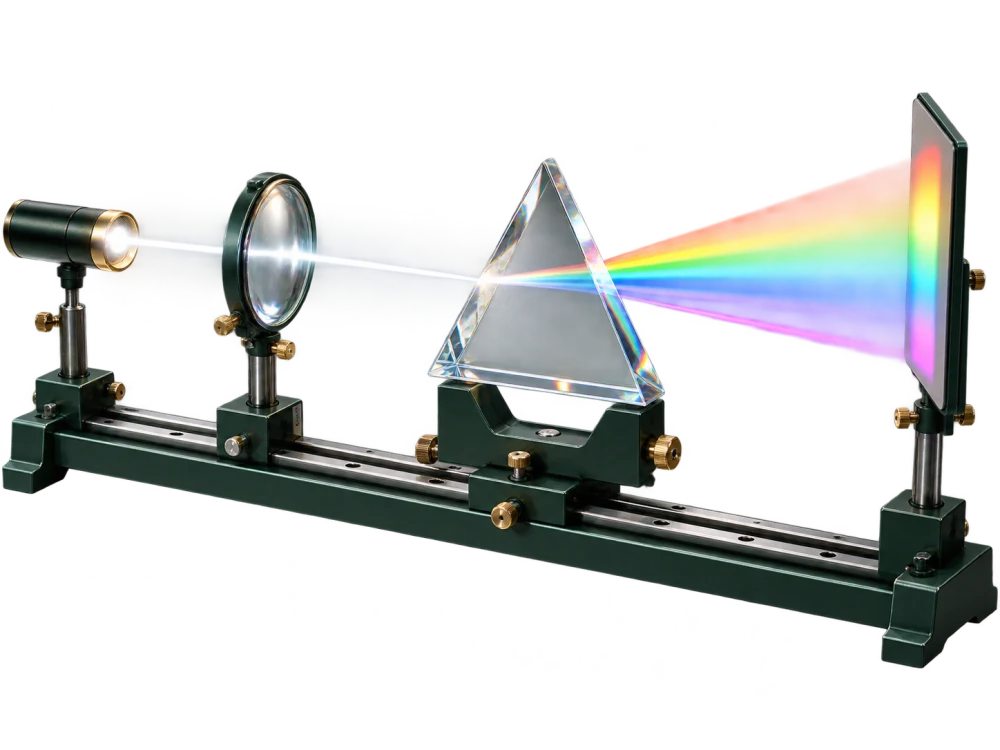 Optical bench with a convex lens, triangular prism and projected visible spectrum
