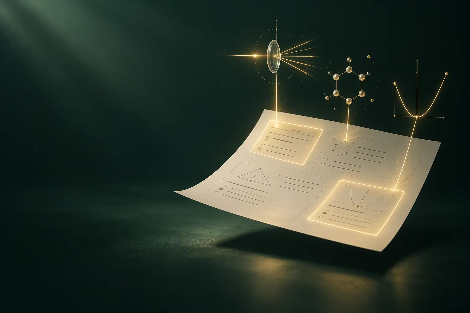 An exam paper with several questions lit from within, each connecting to a physics, chemistry or mathematics motif