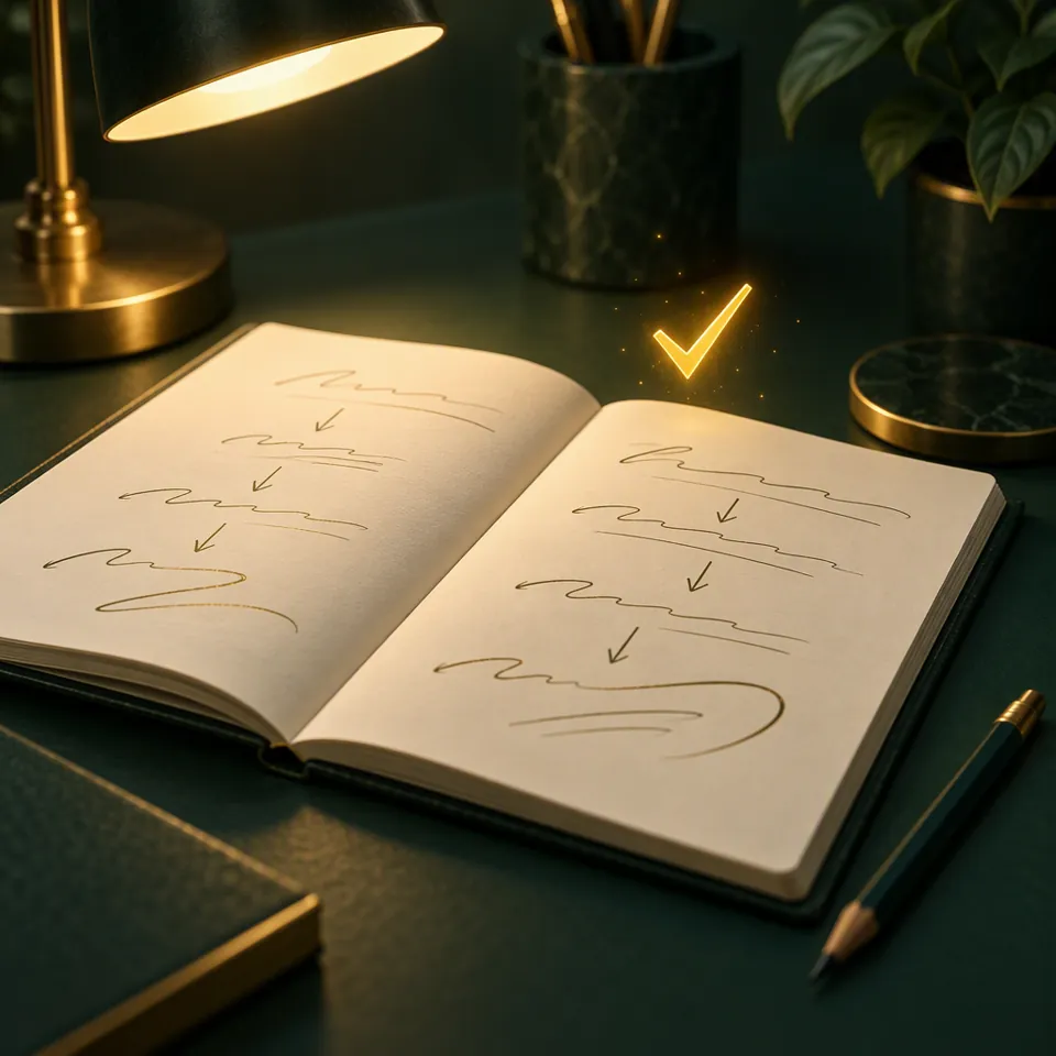 An open notebook showing a worked solution under a warm lamp