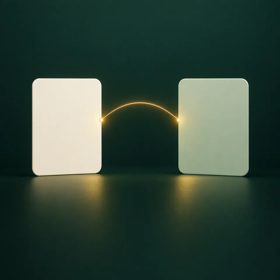Two question cards joined by a thread of light, standing for a prediction matched to a real exam question