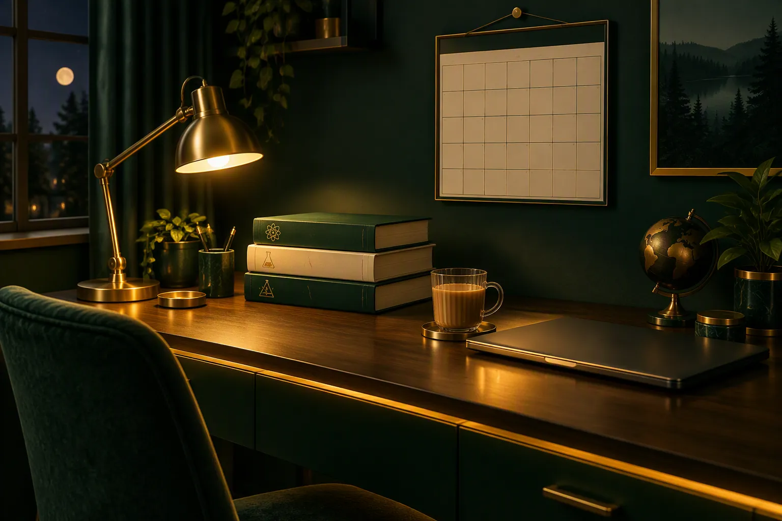 A desk at night with textbooks, a lamp and a cup of chai